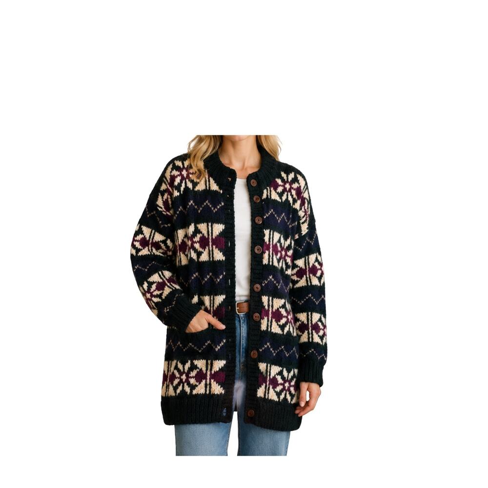 Artesanias ISHKA 100% Wool Cardigan One Size Medium Fair Isla Ecuador Made Boho